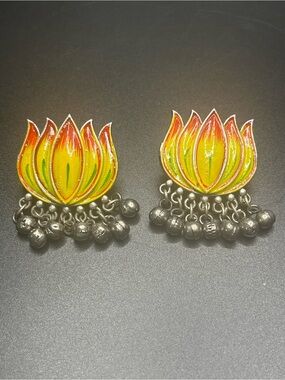 Vintage Lotus Flower Dangle Earrings Bright Enamel Boho Statement Earrings